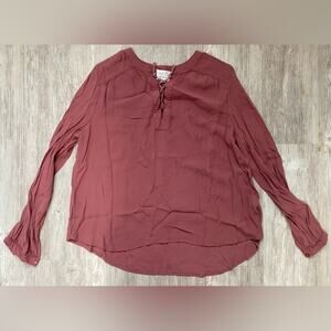 Lost & Wander | Women's Dusty Boho Peasant Long Sleeve Tie-Front Top | Large